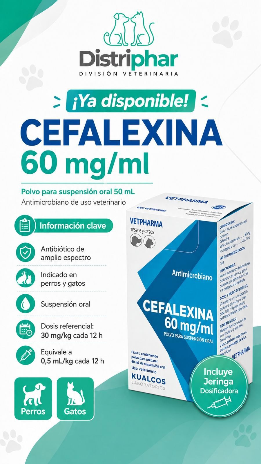Distriphar: cefalexina 60 mg/ml, polvo para suspensión oral de 50 mL, antimicrobiano de uso veterinario